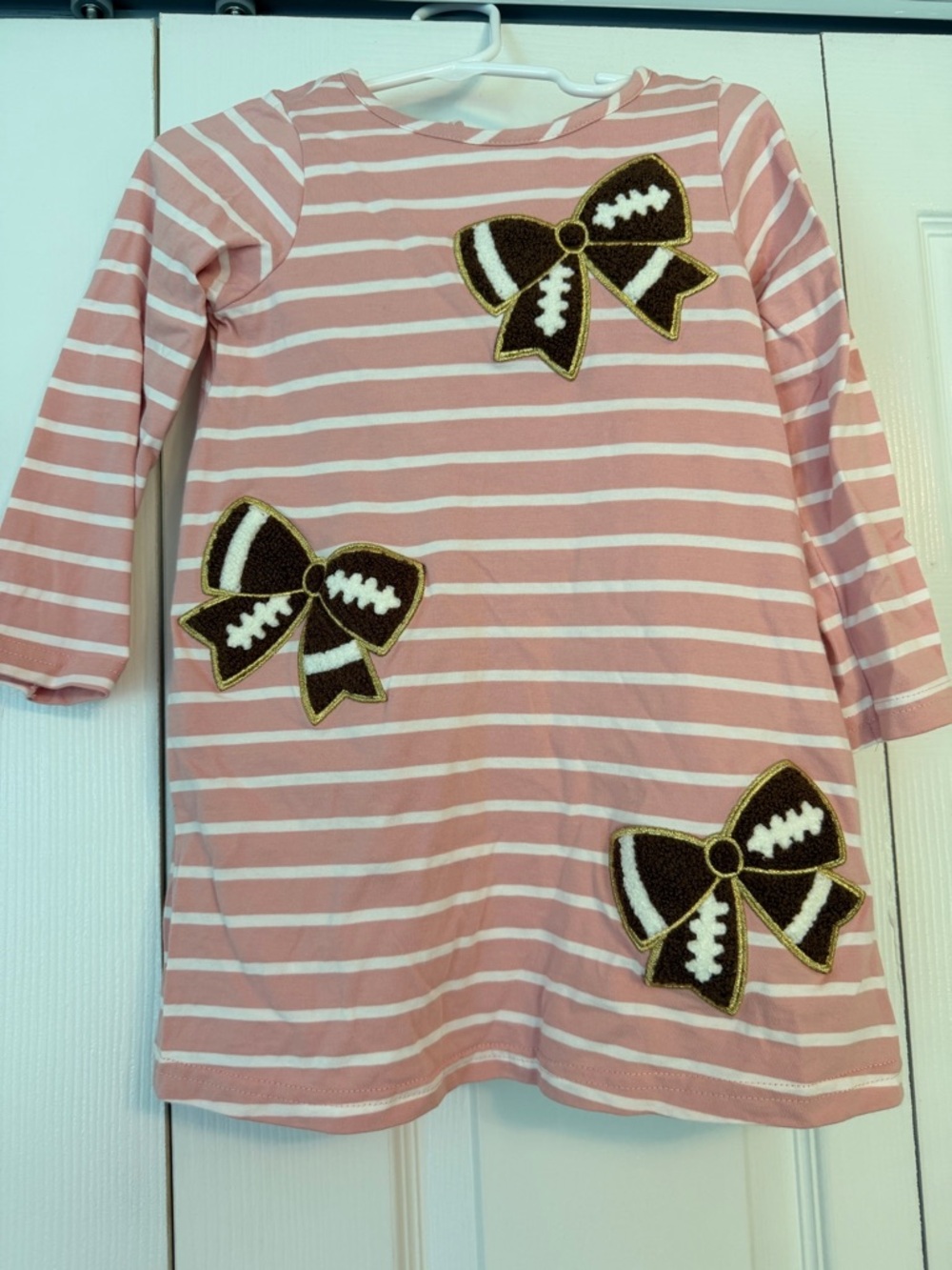 Girls Pink & White Striped Football Bow Appliqué Dress